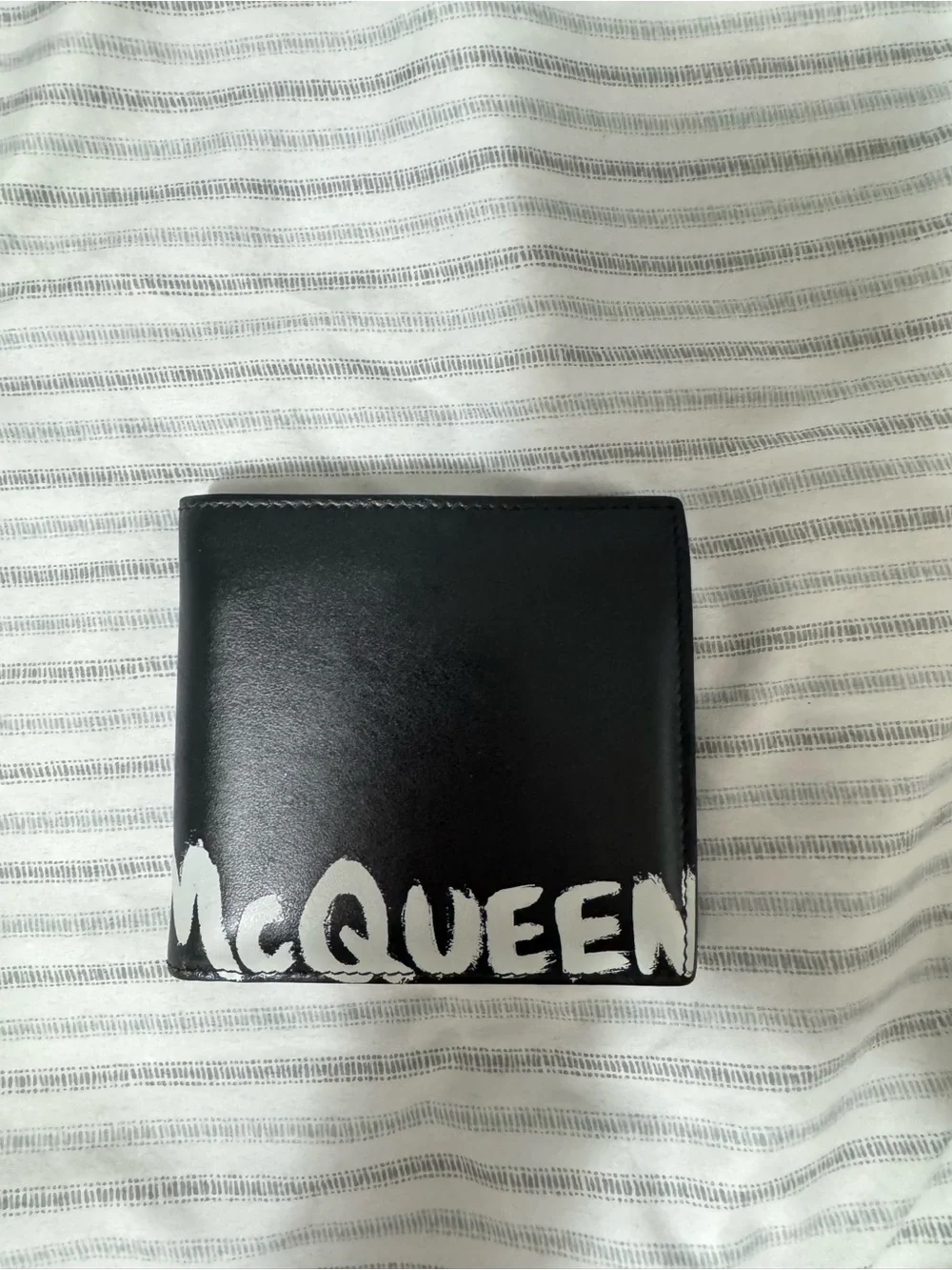 Alexander McQueen Black Leather Money Clip Wallet with White Graffiti Logo